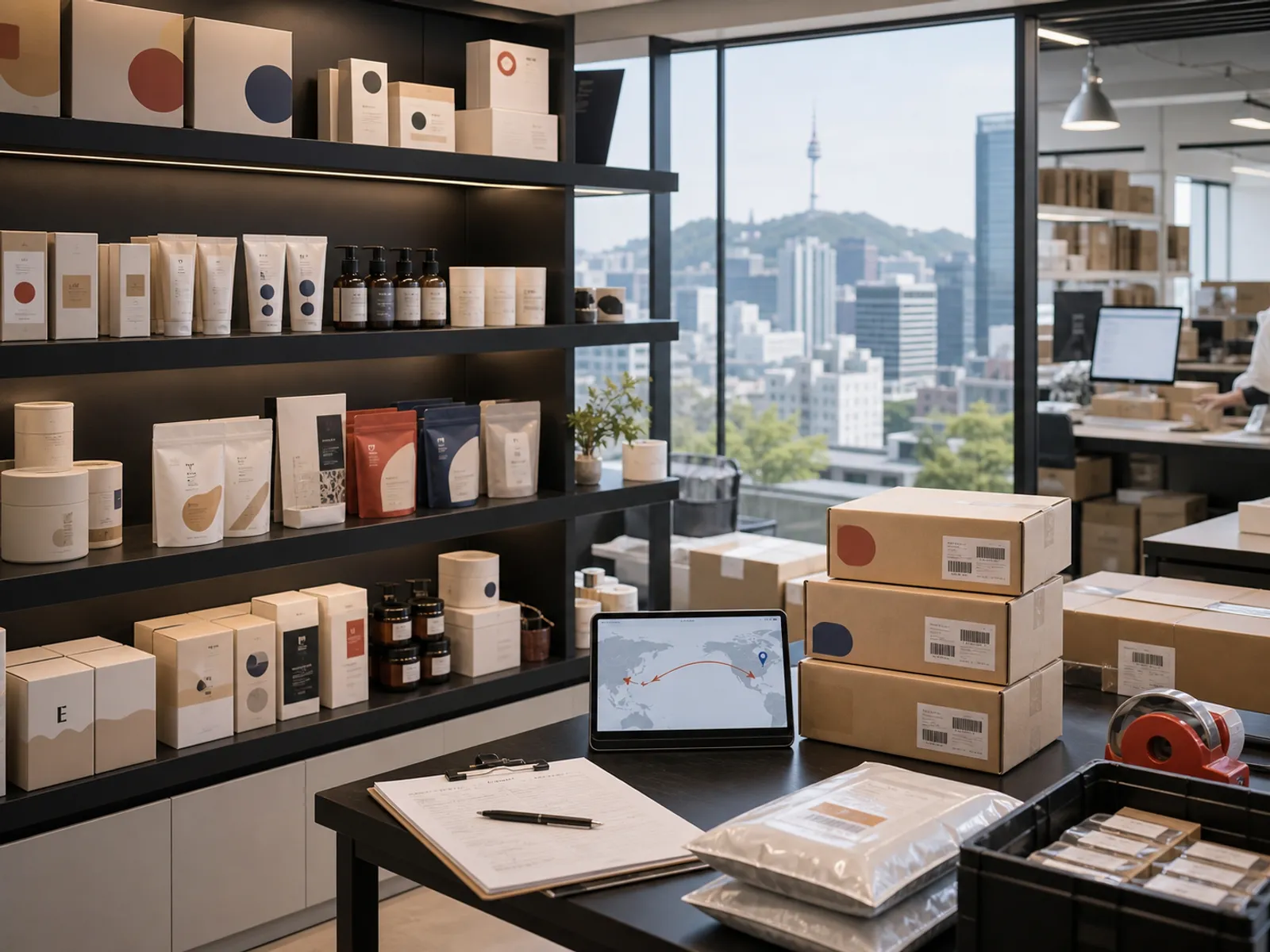 Korean brand products and US export cartons managed in a Seoul showroom