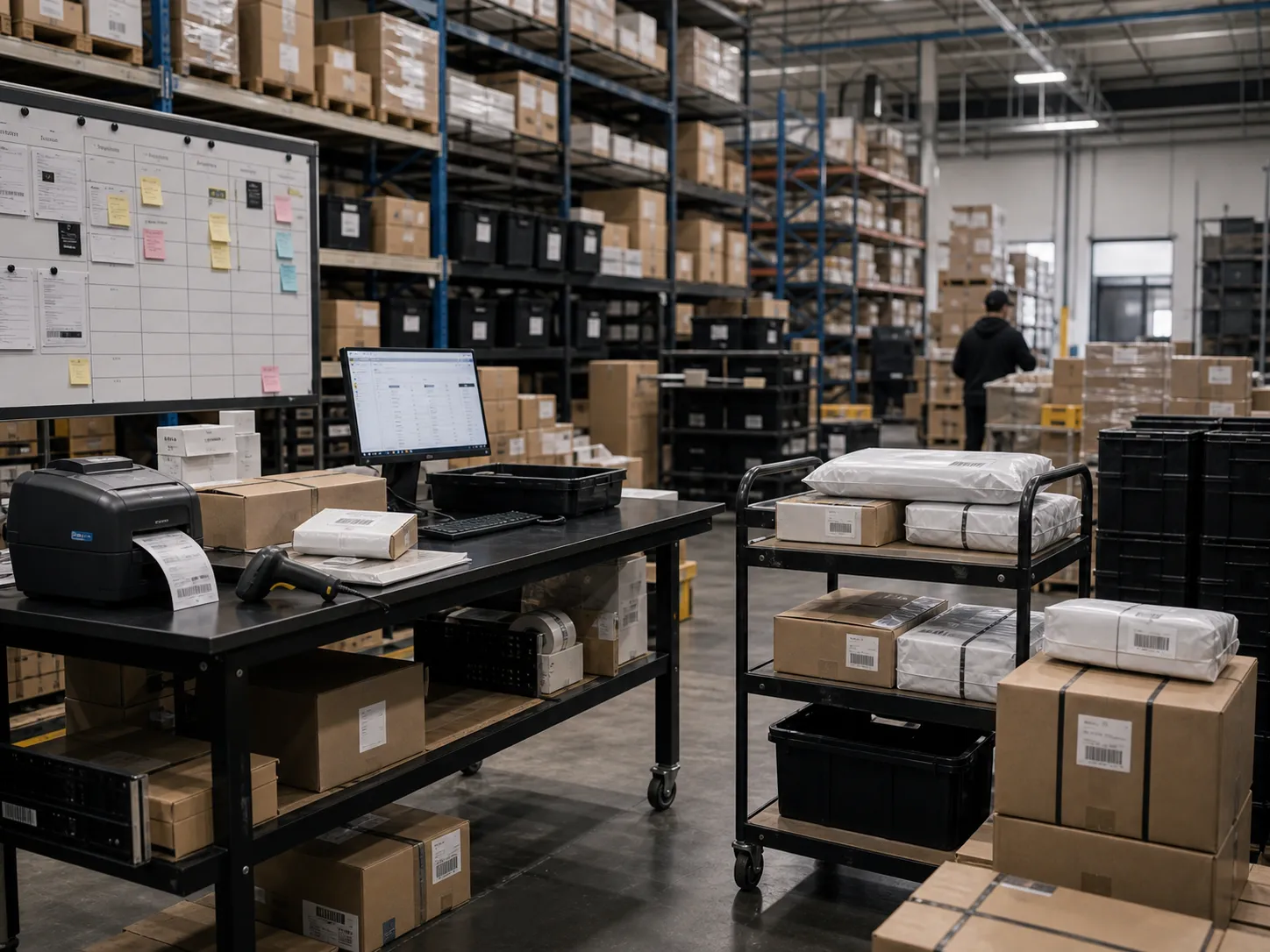 Packing station and outbound carts inside an in-house logistics hub
